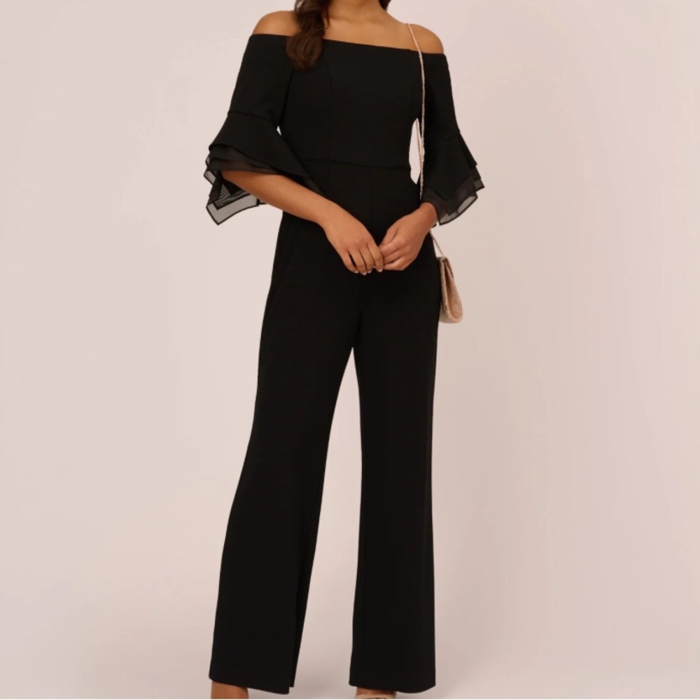 Adrianna  Papell Black Off-Shoulder Jumpsuit with Ruffled Bell Sleeves